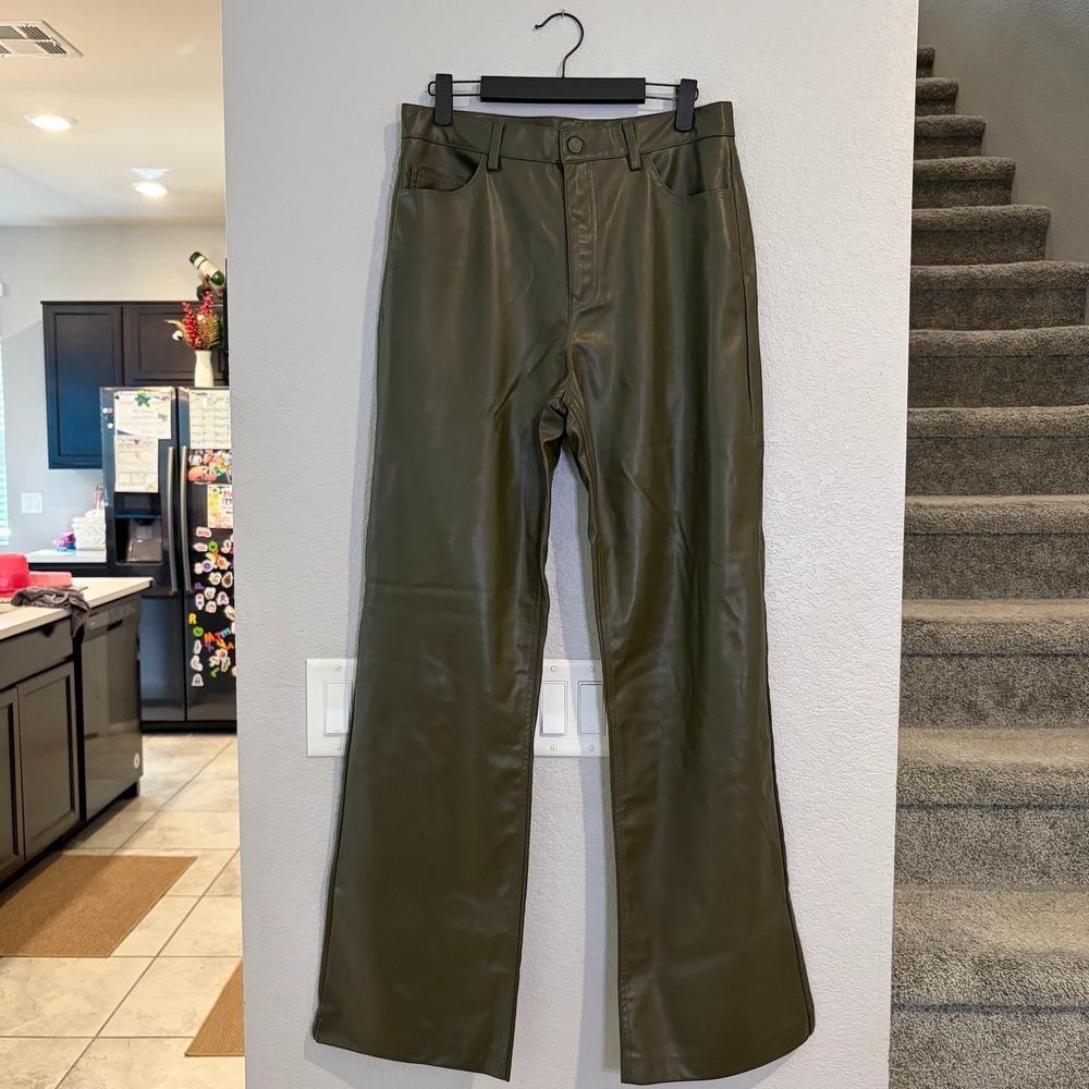 NEW Zara Olive Green Faux Leather Straight Leg High Rise Pants MEDIUM - Picture 2 of 6